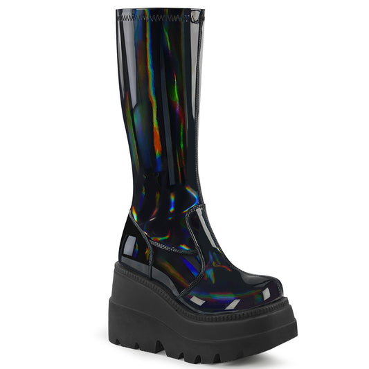 SHAKER-65 Alternative Footwear Demonia Women's Mid-Calf & Knee High Boots Stretch Blk Pat Holo