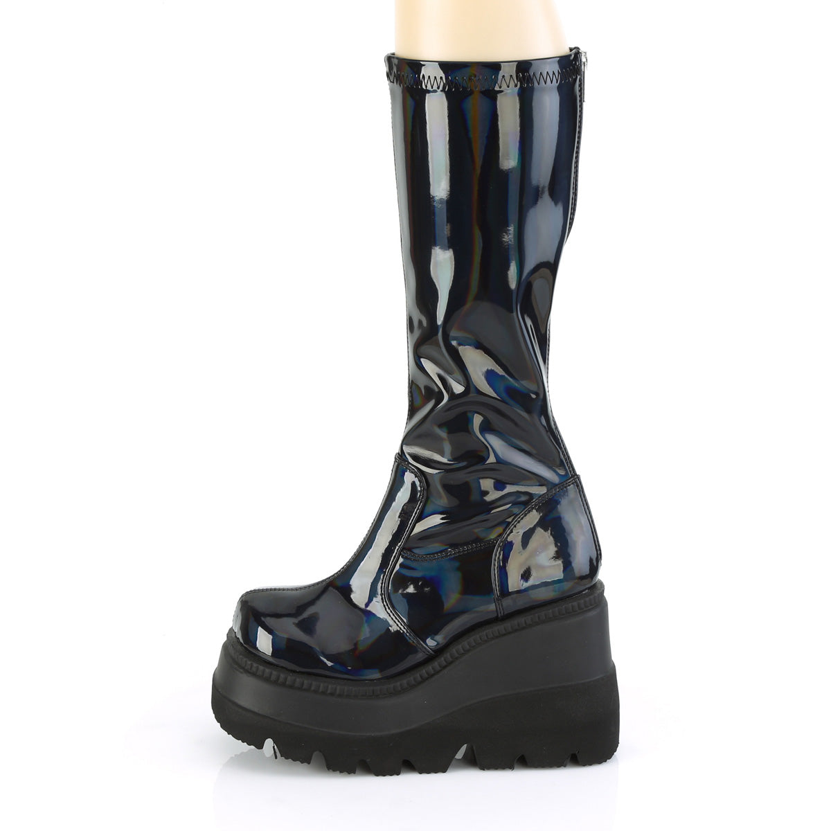 SHAKER-65 Demonia Stretch Black Patent Holo Women's Mid-Calf & Knee High Boots [Demonia Cult Alternative Footwear]