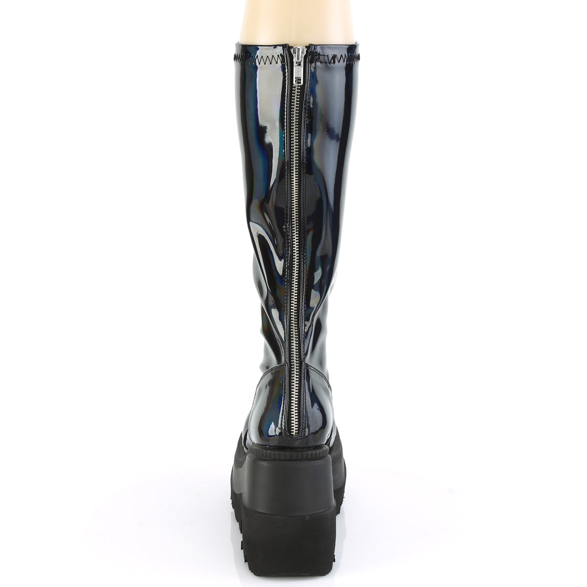 SHAKER-65 Demonia Stretch Black Patent Holo Women's Mid-Calf & Knee High Boots [Demonia Cult Alternative Footwear]