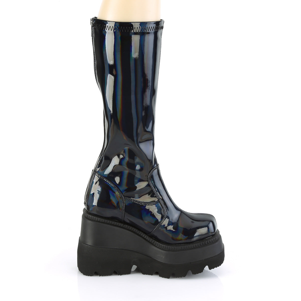 SHAKER-65 Demonia Stretch Black Patent Holo Women's Mid-Calf & Knee High Boots [Demonia Cult Alternative Footwear]