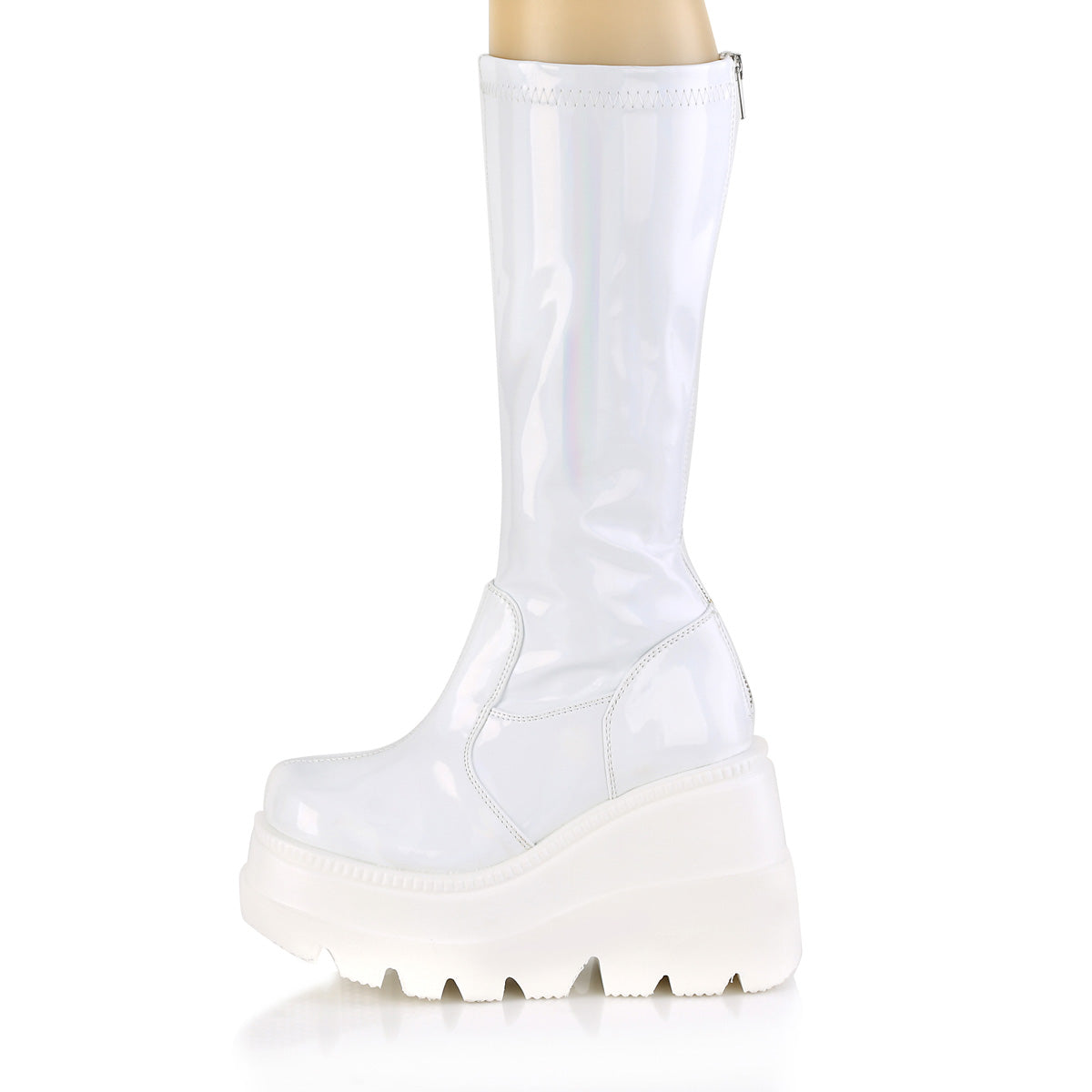 SHAKER-65 Demonia White Hologram Women's Mid-Calf & Knee High Boots [Demonia Cult Alternative Footwear]