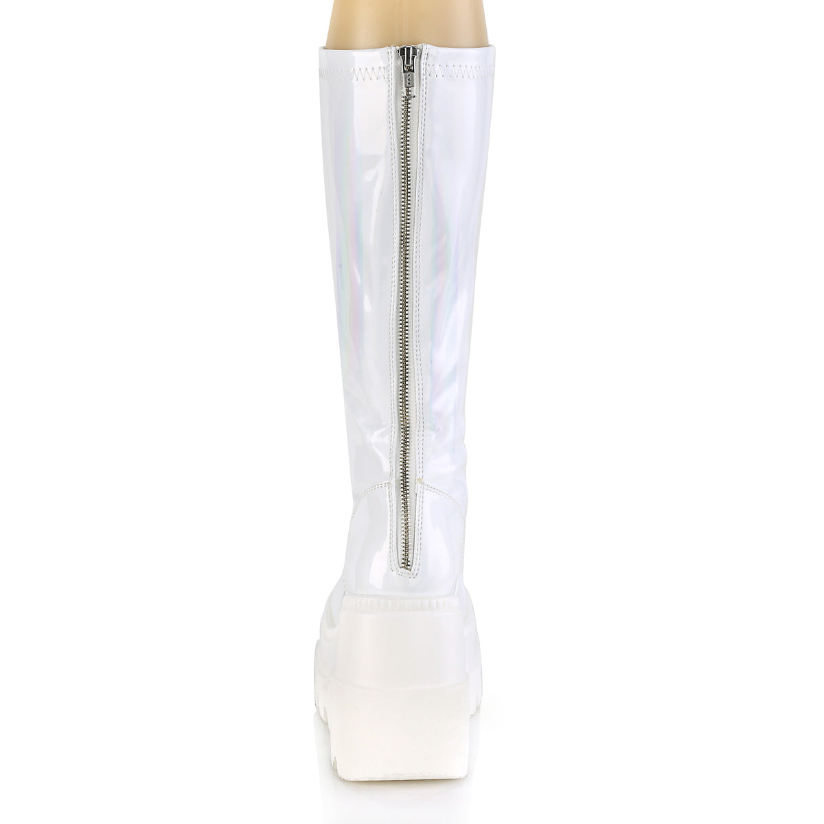 SHAKER-65 Demonia White Hologram Women's Mid-Calf & Knee High Boots [Demonia Cult Alternative Footwear]