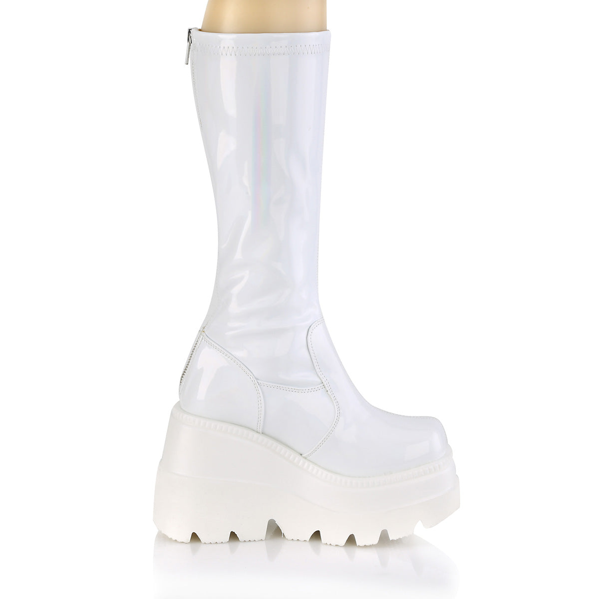 SHAKER-65 Demonia White Hologram Women's Mid-Calf & Knee High Boots [Demonia Cult Alternative Footwear]