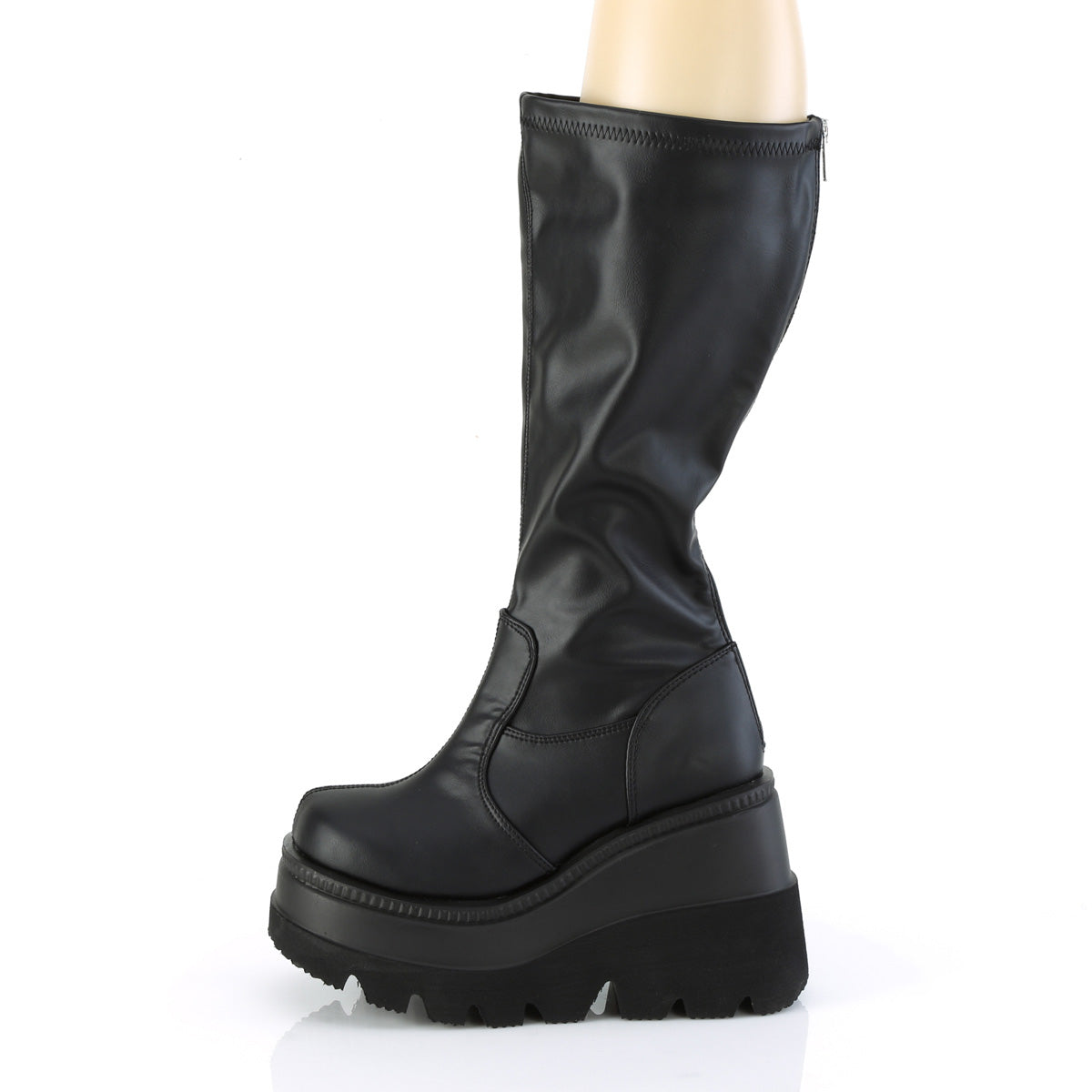 SHAKER-65WC Demonia Black Stretch Vegan Leather Women's Mid-Calf & Knee High Boots [Demonia Cult Alternative Footwear]