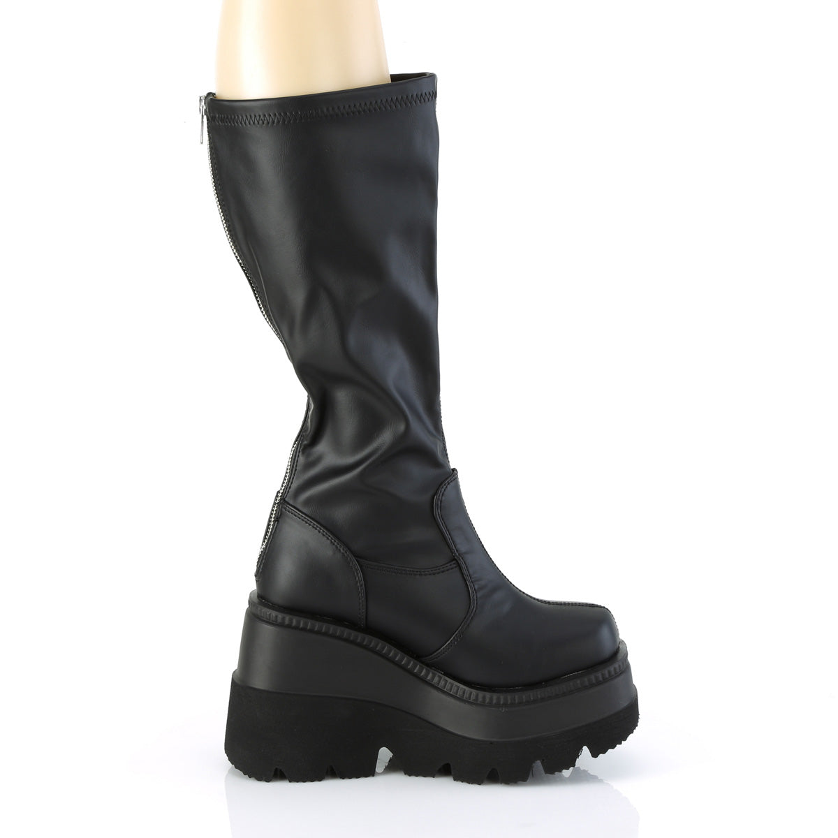 SHAKER-65WC Demonia Black Stretch Vegan Leather Women's Mid-Calf & Knee High Boots [Demonia Cult Alternative Footwear]