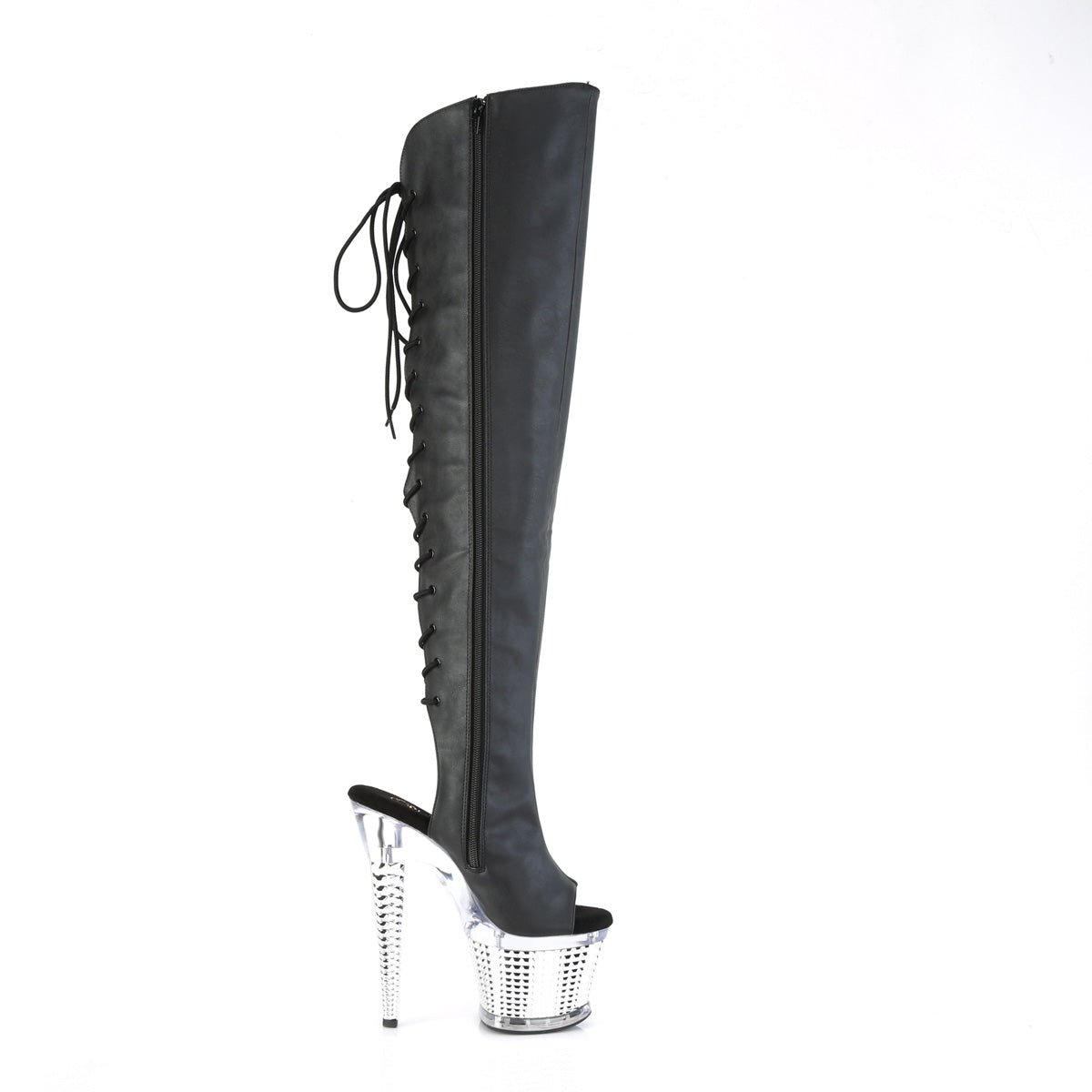 SPECTATOR-3019 Pleaser Black Faxur Leather/Clear-Silver Chrome Platform Shoes [Kinky boots]