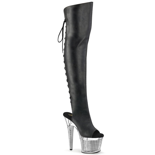 SPECTATOR-3019 Strippers Heels Pleaser Platforms (Exotic Dancing) Blk Faxur Leather/Clr-Slv Chrome