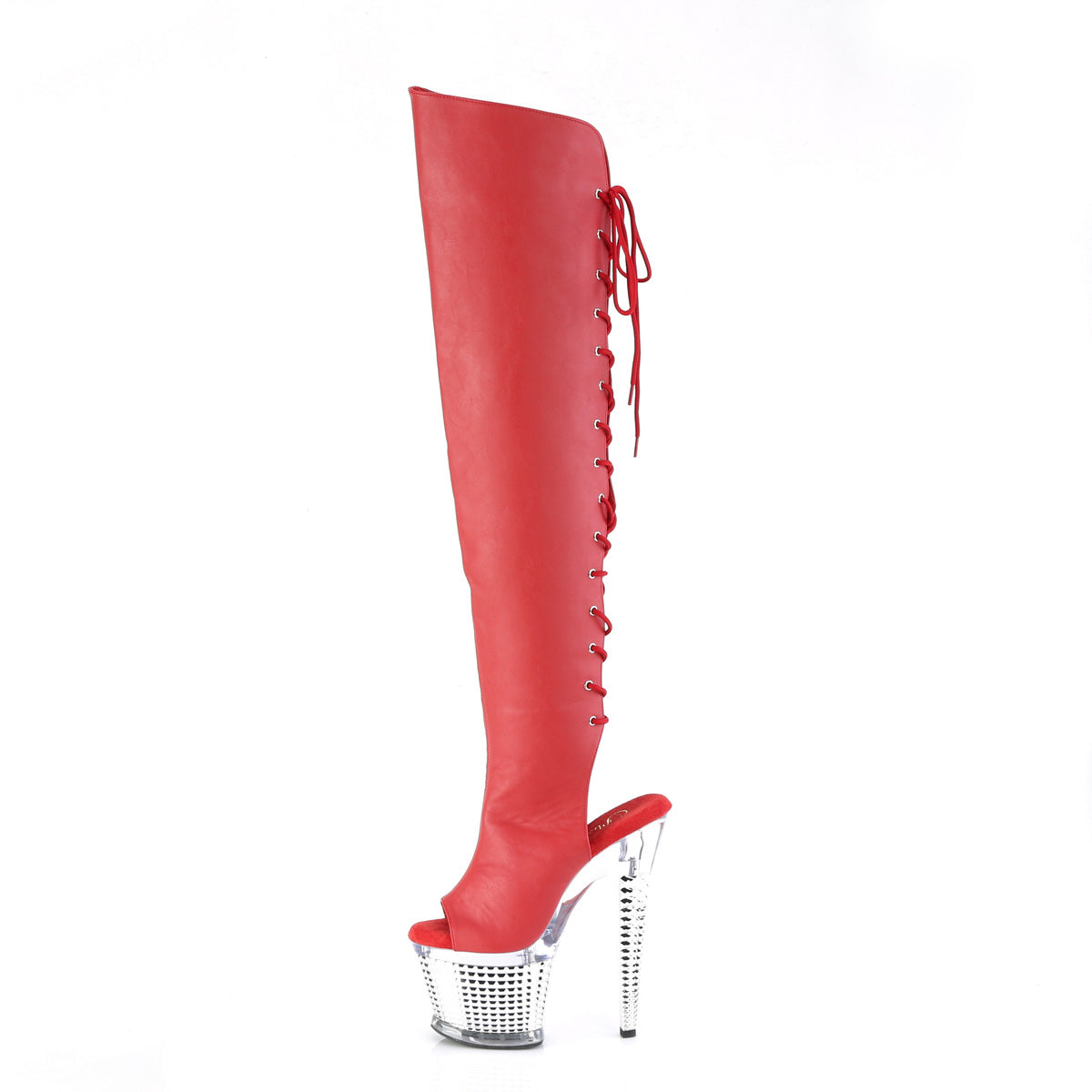 SPECTATOR-3019 Pleaser Red Faux Leather/Clear-Silver Chrome Platform Shoes [Kinky boots]