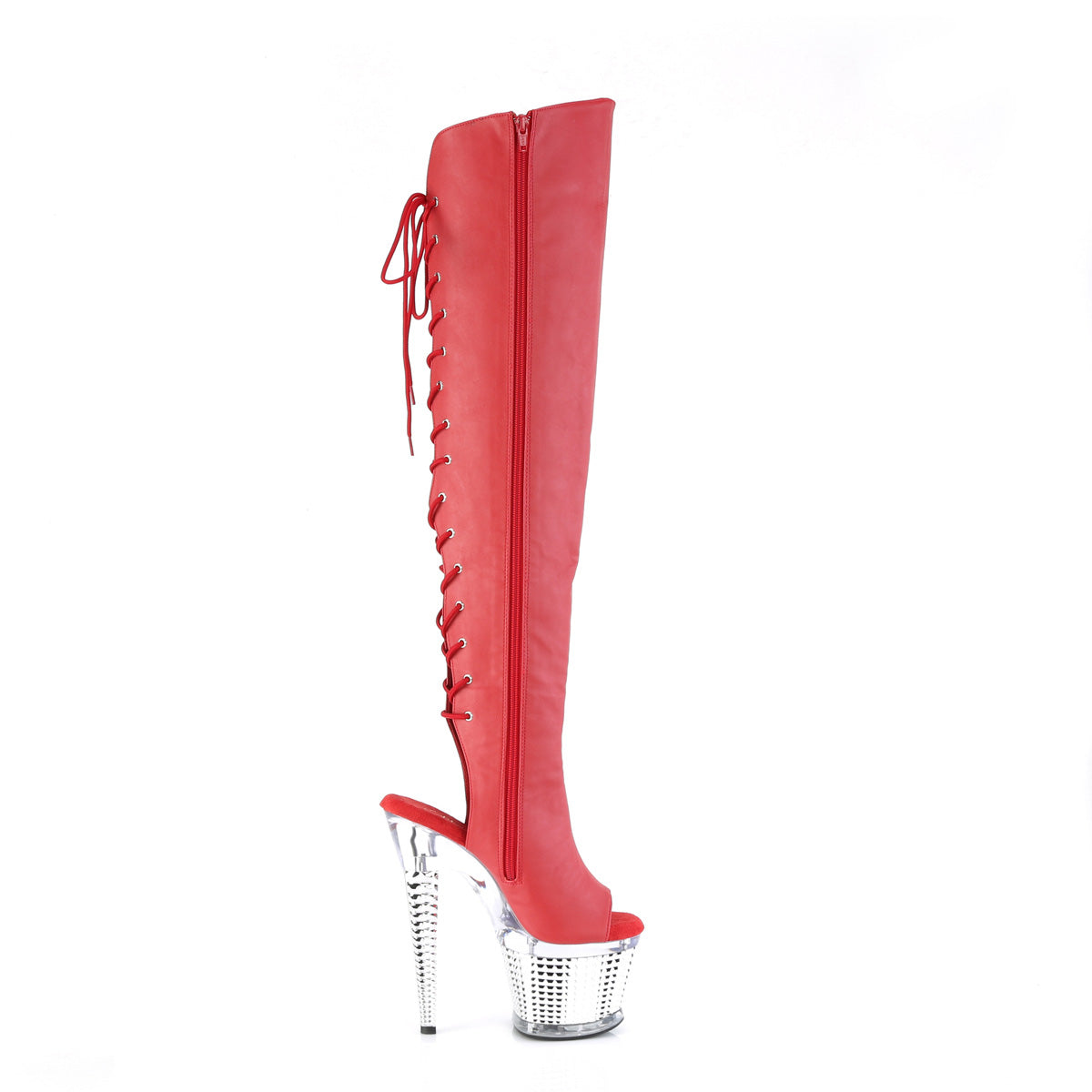 SPECTATOR-3019 Pleaser Red Faux Leather/Clear-Silver Chrome Platform Shoes [Kinky boots]