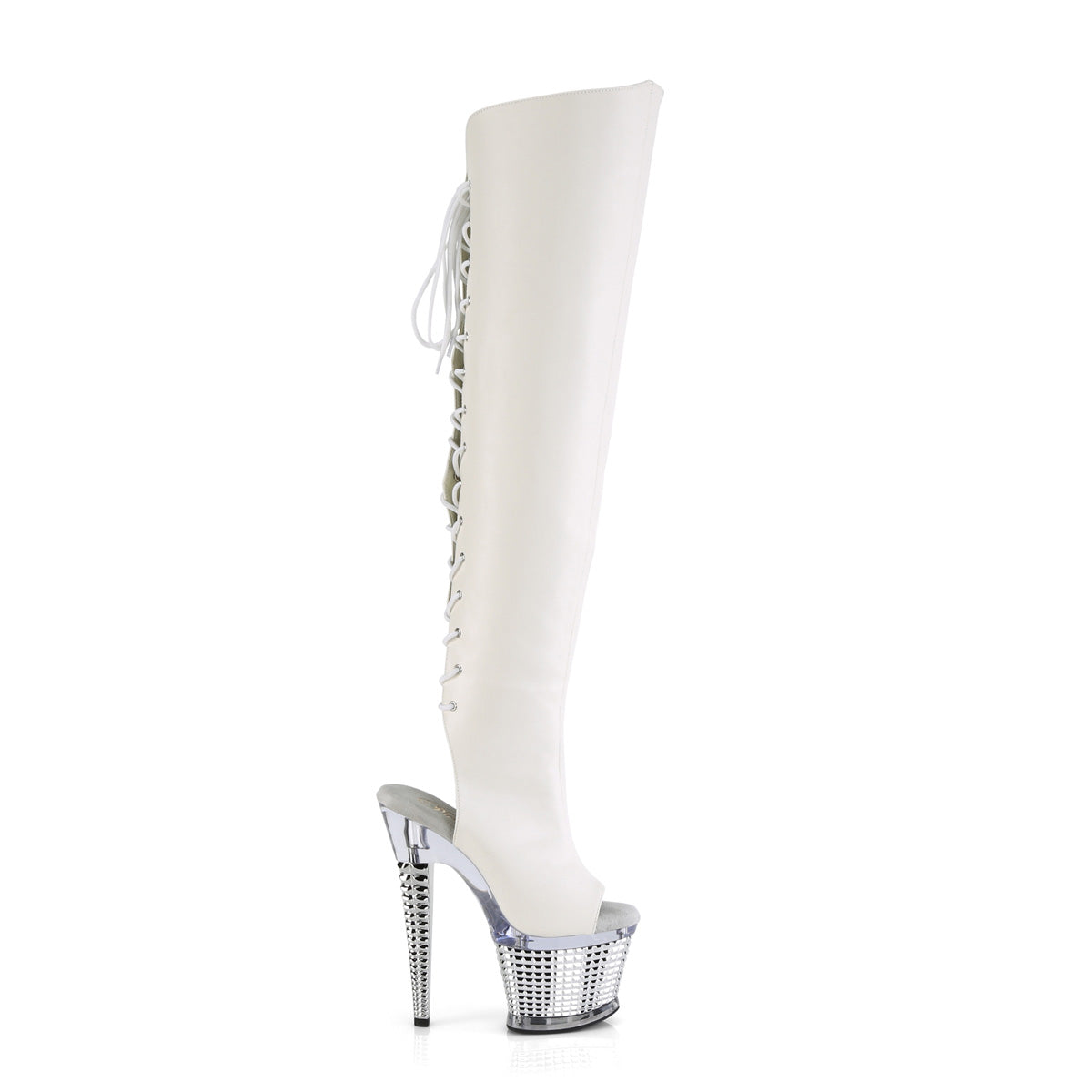 SPECTATOR-3019 Pleaser White Faux Leather/Clear-Silver Chrome Platform Shoes [Kinky boots]