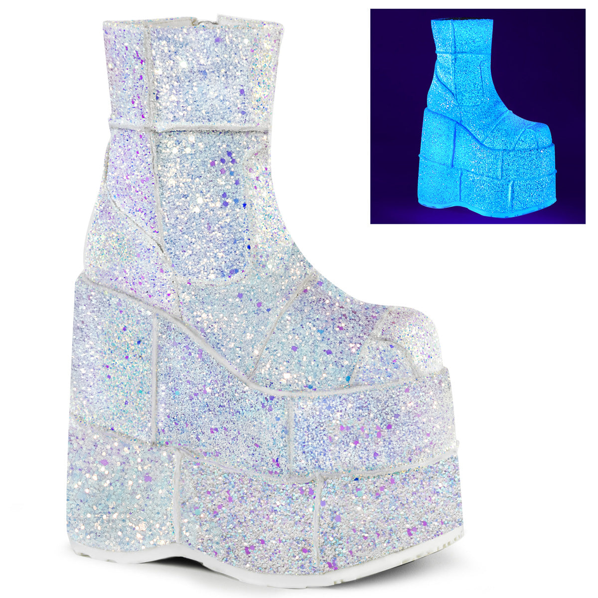 STACK-201G Alternative Footwear Demonia Unisex Platform Shoes & Boots Wht Multi Glitter