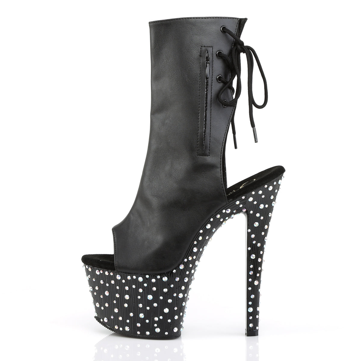 STARDANCE-1018-7 Pleaser Black Faux Leather/Black-Silver Multi Rhinestones Platform Shoes [Ankle Boots]