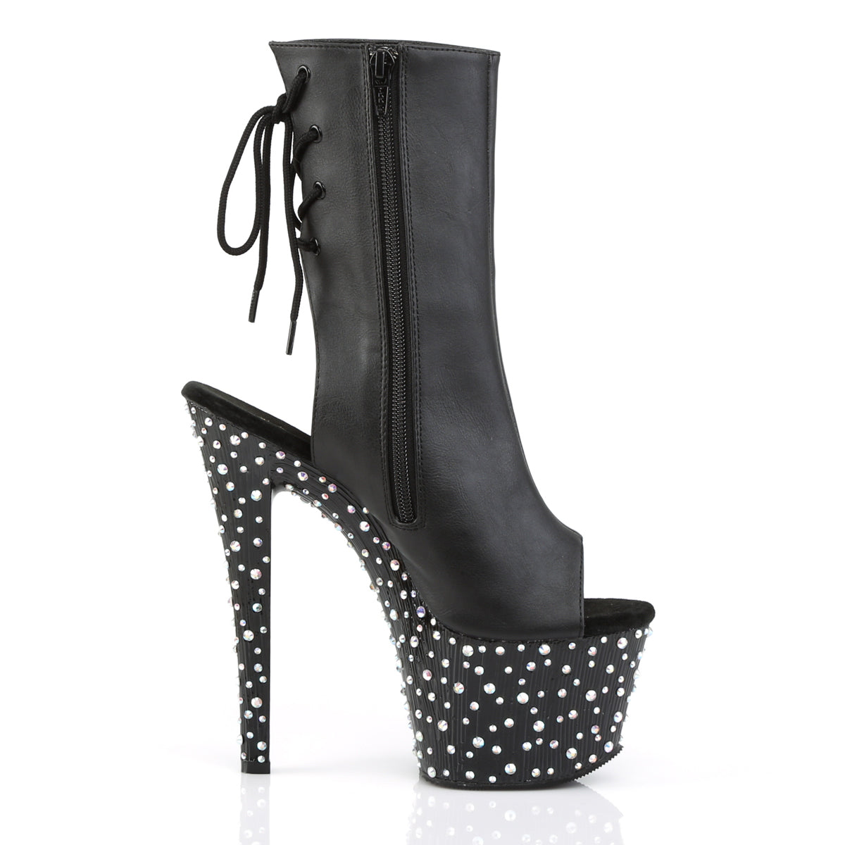 STARDANCE-1018-7 Pleaser Black Faux Leather/Black-Silver Multi Rhinestones Platform Shoes [Ankle Boots]