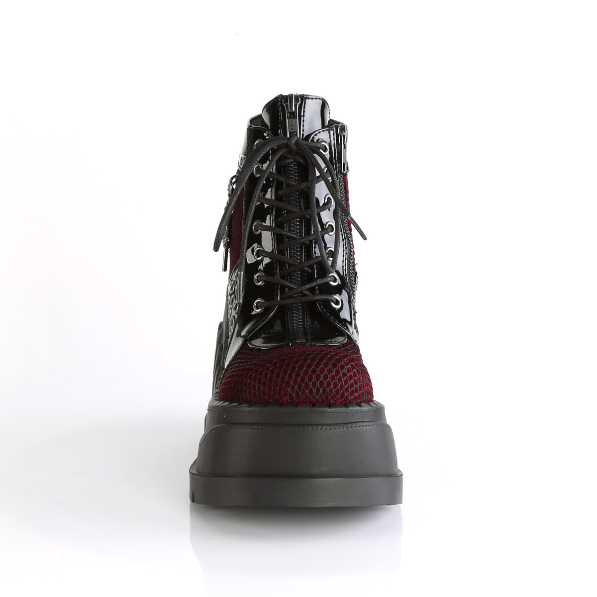 STOMP-18 Demonia Black Patent-Burgundy Velvet Women's Ankle Boots [Demonia Cult Alternative Footwear]