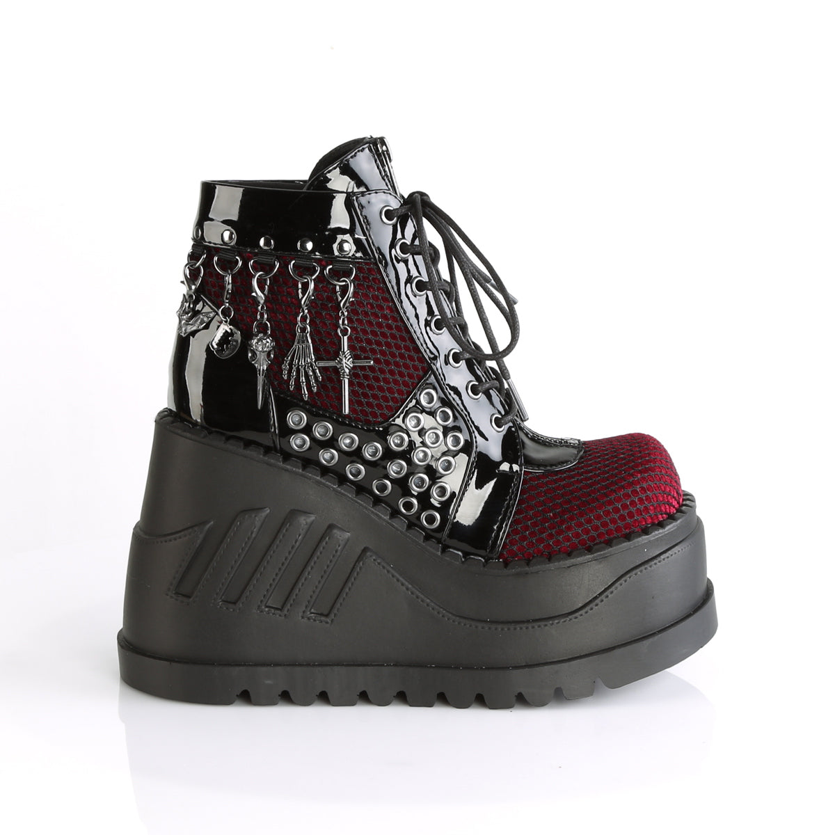 STOMP-18 Demonia Black Patent-Burgundy Velvet Women's Ankle Boots [Demonia Cult Alternative Footwear]