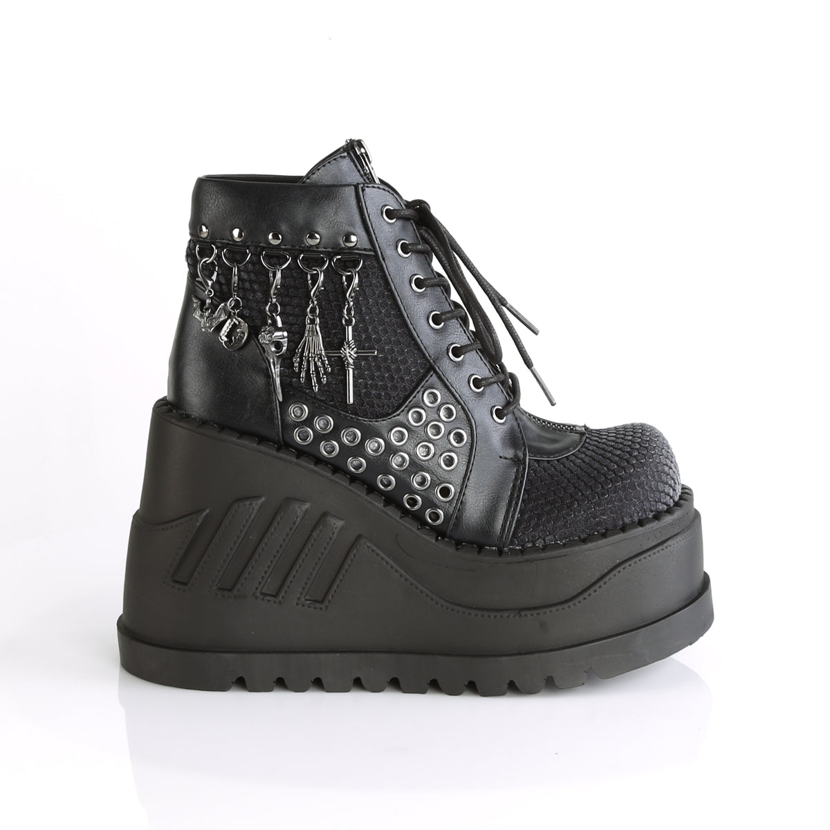 STOMP-18 Demonia Black Vegan Leather-Grey Velvet Women's Ankle Boots [Demonia Cult Alternative Footwear]