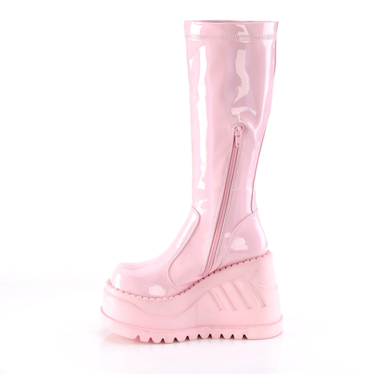 STOMP-200 Demonia B Pink Hologram Stretch Patentent Women's Mid-Calf & Knee High Boots [Demonia Cult Alternative Footwear]