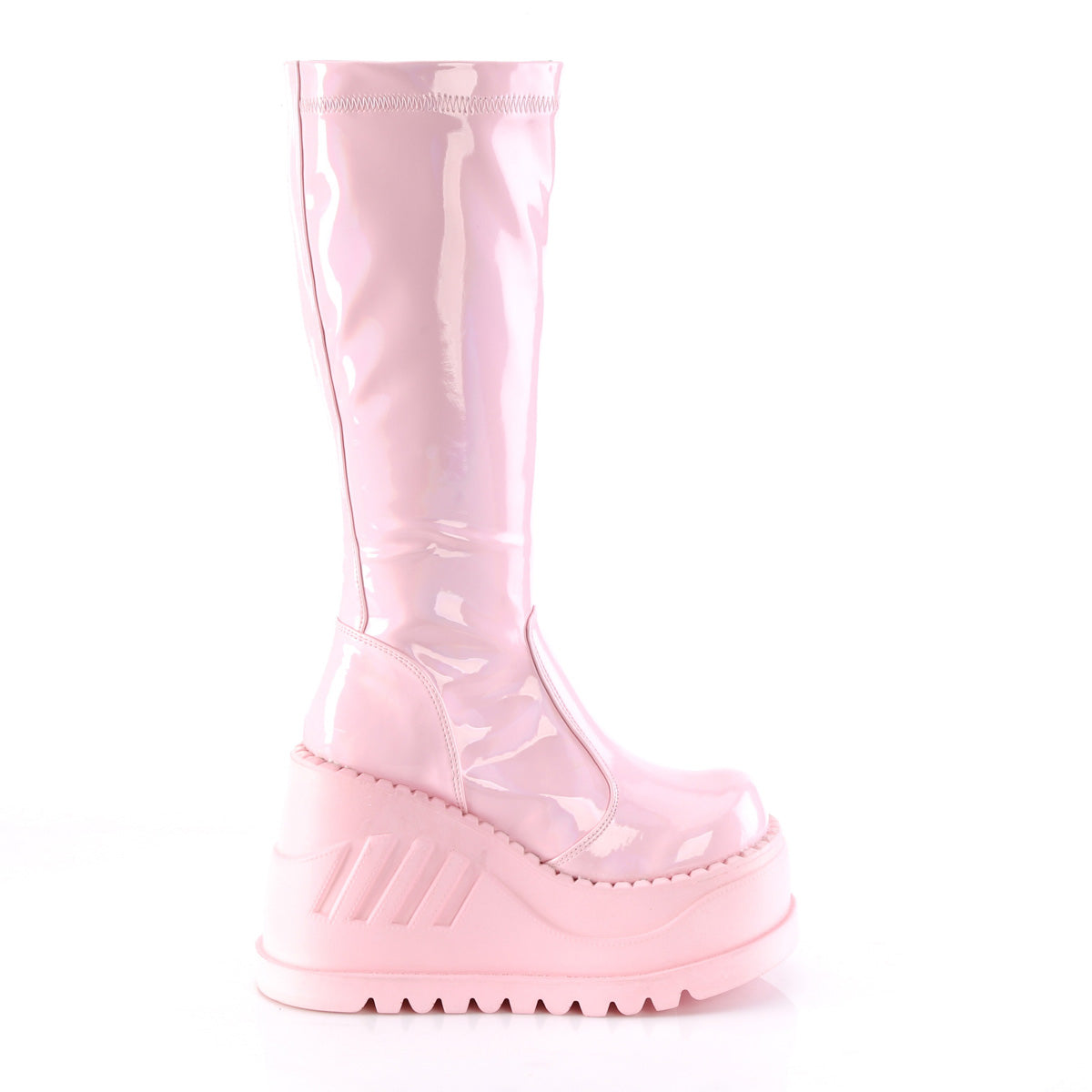 STOMP-200 Demonia B Pink Hologram Stretch Patentent Women's Mid-Calf & Knee High Boots [Demonia Cult Alternative Footwear]