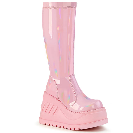 STOMP-200 Alternative Footwear Demonia Women's Mid-Calf & Knee High Boots B. Pink Hologram Stretch Patent