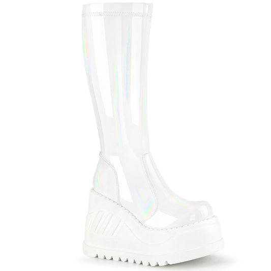 STOMP-200 Alternative Footwear Demonia Women's Mid-Calf & Knee High Boots Wht Hologram Stretch Patent