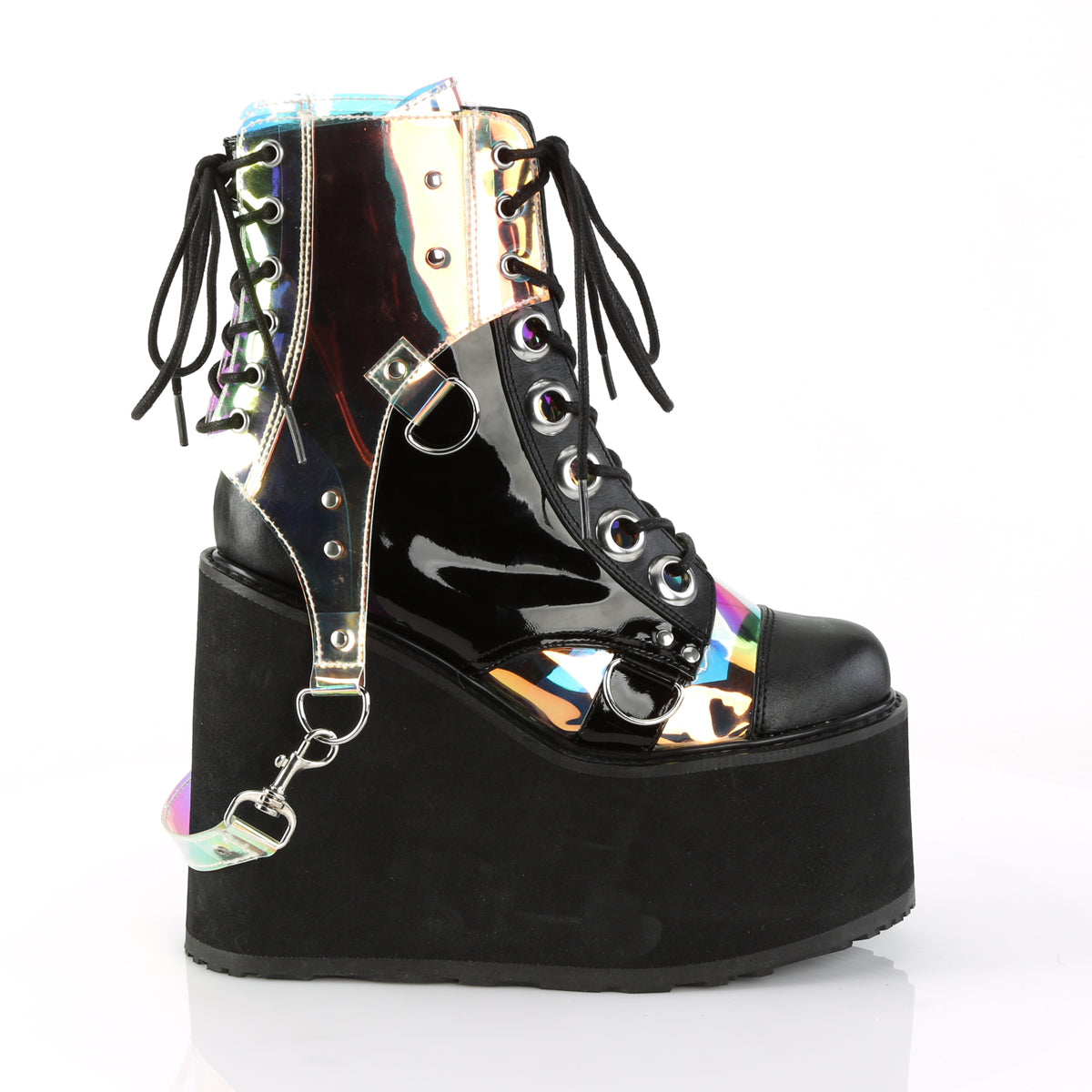 SWING-115 Demonia Black Vegan Leather-Patent-Magic Mirror TPU Women's Ankle Boots [Demonia Cult Alternative Footwear]