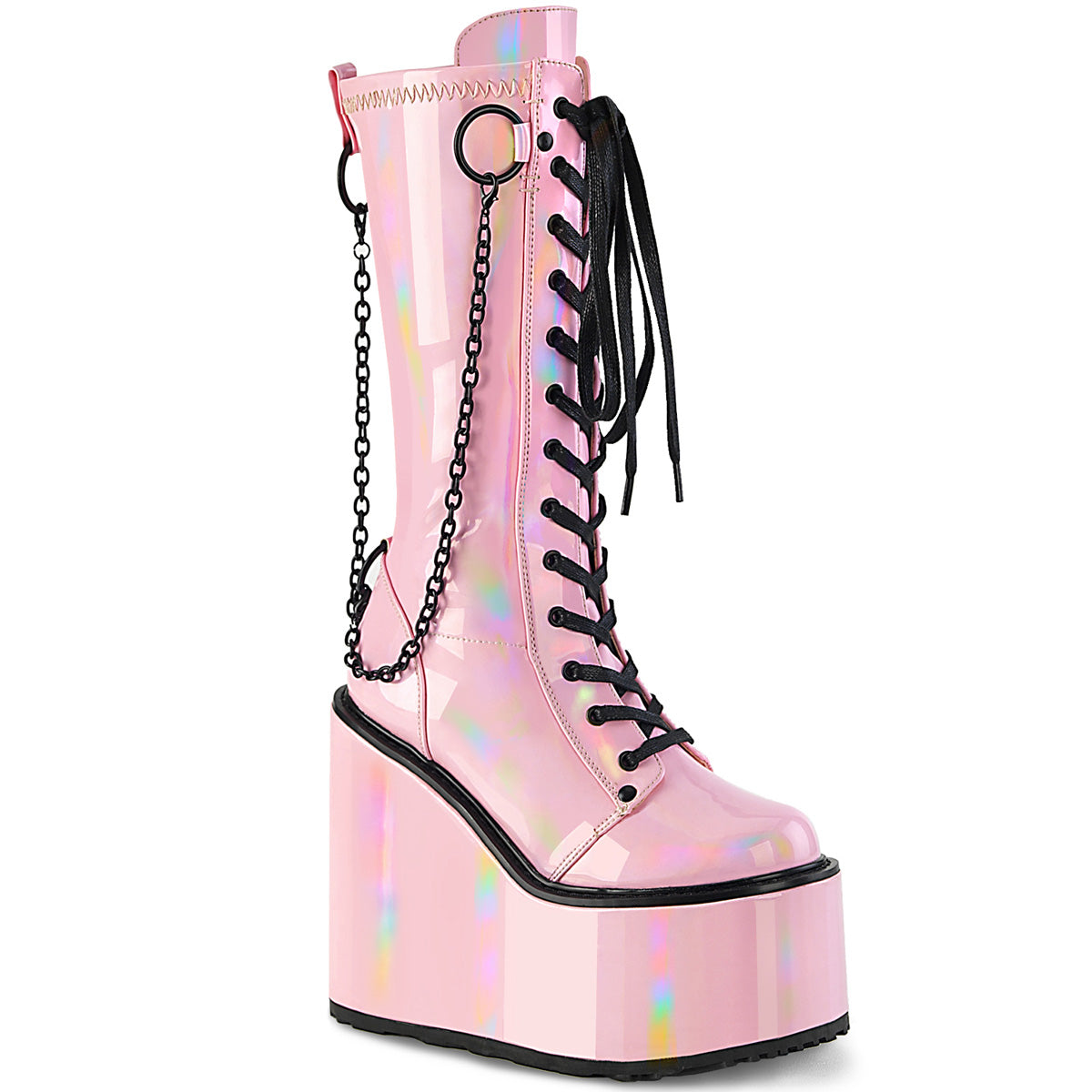 SWING-150 Alternative Footwear Demonia Women's Mid-Calf & Knee High Boots B. Pink Holographic Stretch Pat