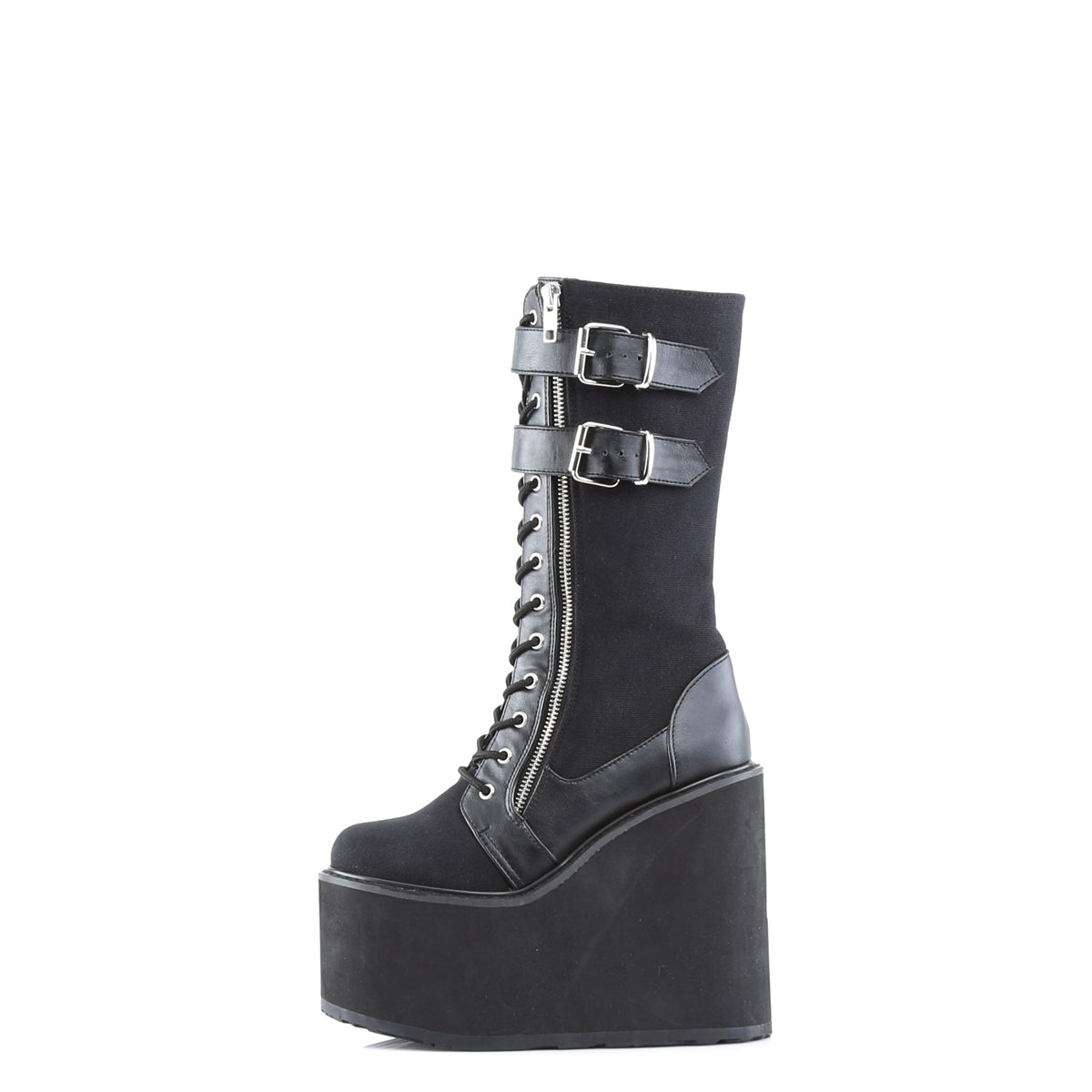 SWING-221 Demonia Black Canvas-Vegan Leather Women's Mid-Calf & Knee High Boots [Alternative Footwear]