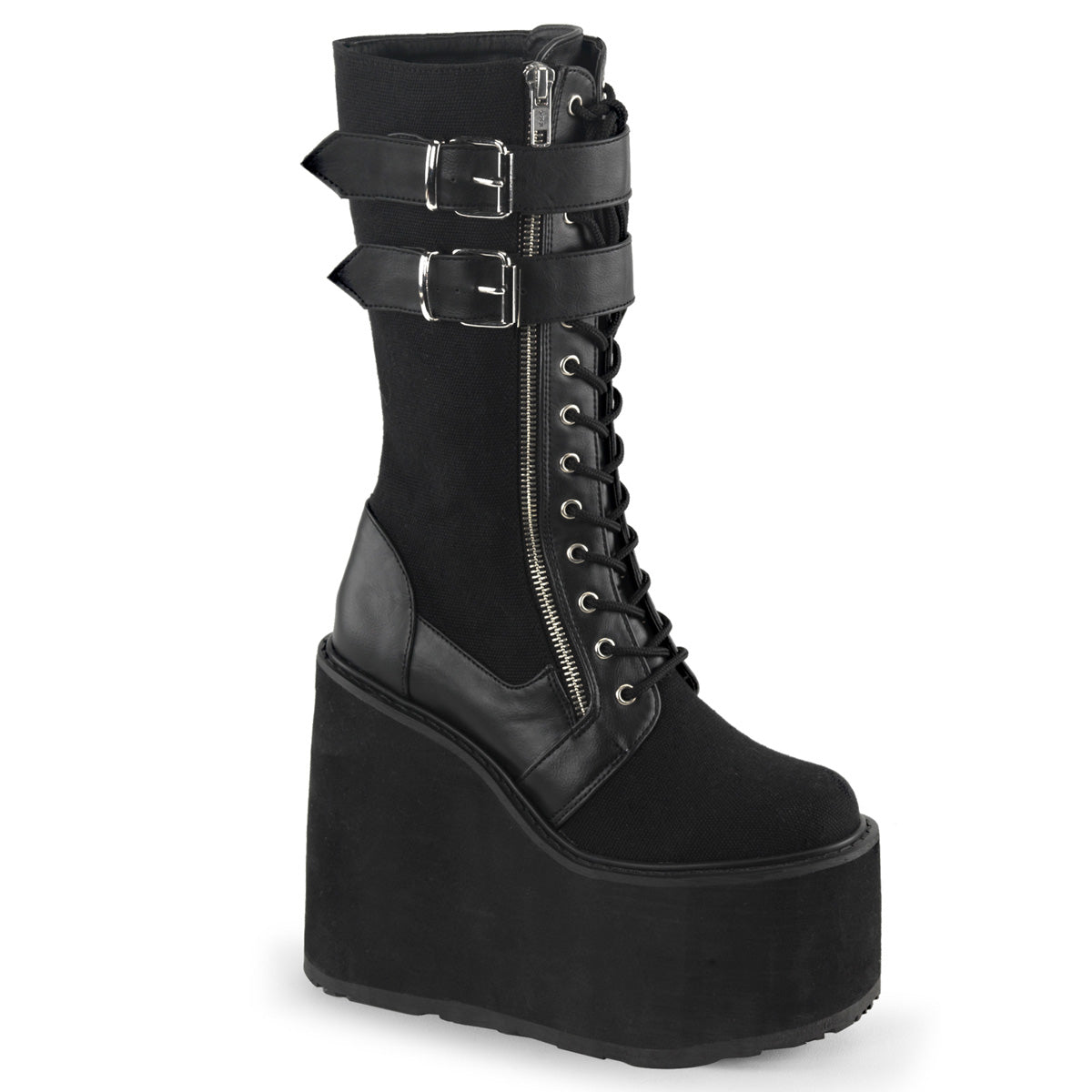 SWING-221 Alternative Footwear Demonia Women's Mid-Calf & Knee High Boots Blk Canvas-Vegan Leather