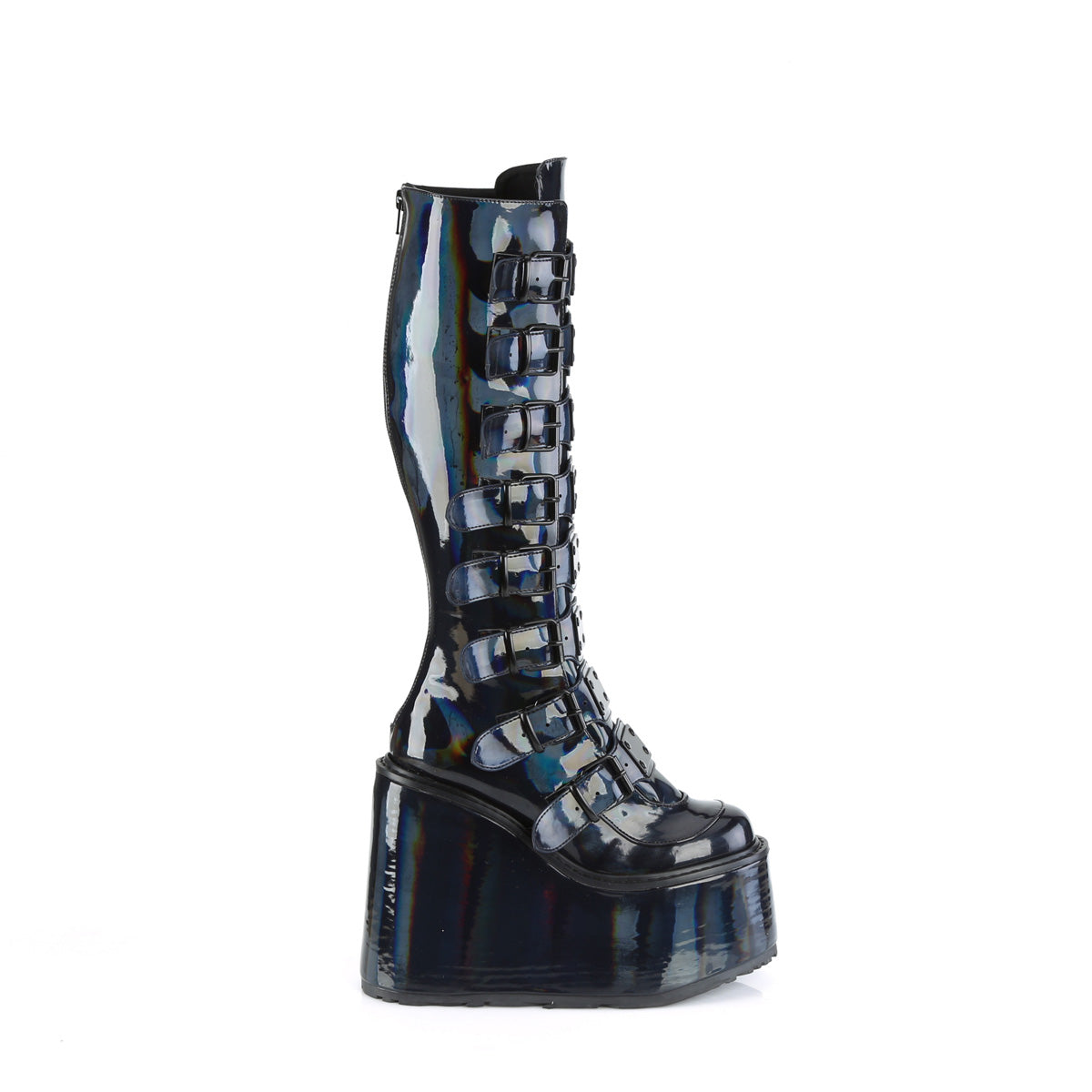 SWING-815 Demonia Black Holographic Patent Women's Mid-Calf & Knee High Boots [Demonia Cult Alternative Footwear]