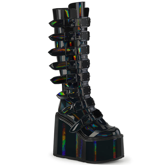 SWING-815 Alternative Footwear Demonia Women's Mid-Calf & Knee High Boots Blk Holographic Pat