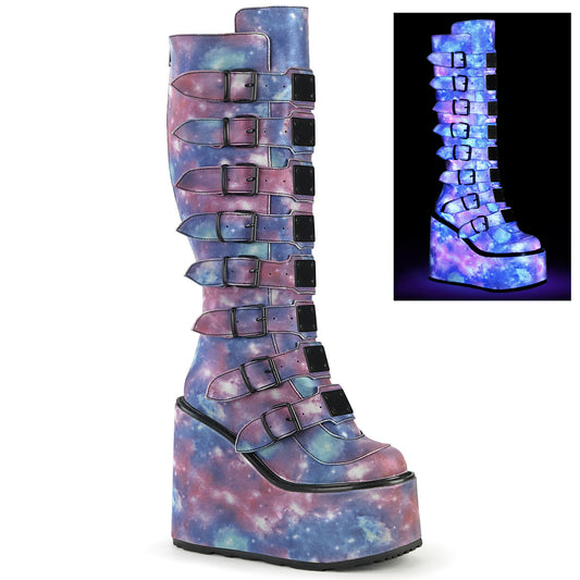 SWING-815 Alternative Footwear Demonia Women's Mid-Calf & Knee High Boots Purple-Blue Reflective Vegan Leather