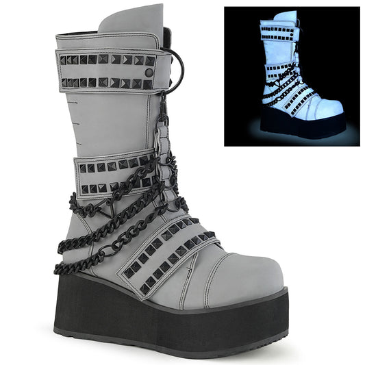 TRASHVILLE-138 Alternative Footwear Demonia Unisex Platform Shoes & Boots Grey Multi Reflective Vegan Leather