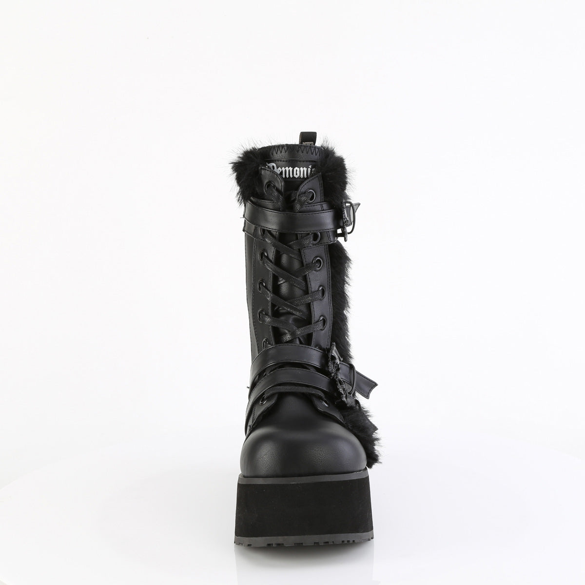 TRASHVILLE-218 Demonia Black Vegan Leather-Faux Fur Unisex Platform Shoes & Boots [Demonia Cult Alternative Footwear]