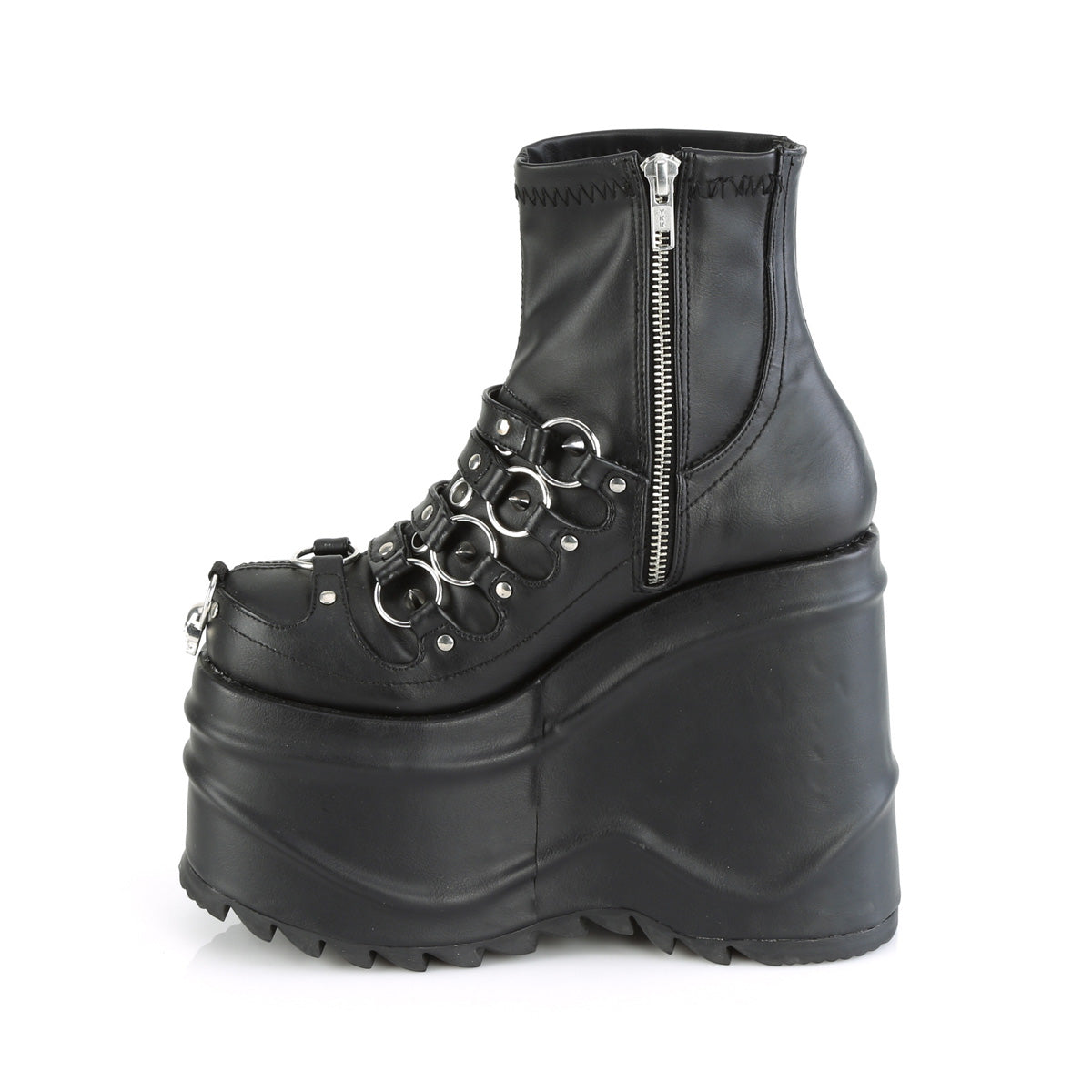 WAVE-110 Demonia Black Stretch Vegan Leather Women's Ankle Boots [Demonia Cult Alternative Footwear]