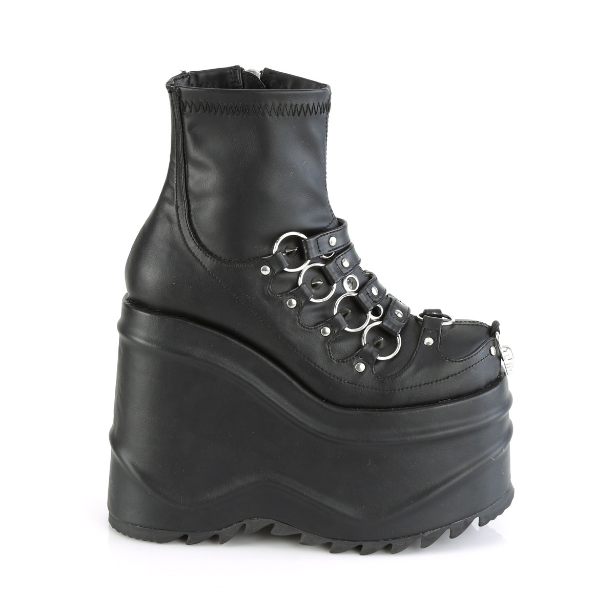 WAVE-110 Demonia Black Stretch Vegan Leather Women's Ankle Boots [Demonia Cult Alternative Footwear]